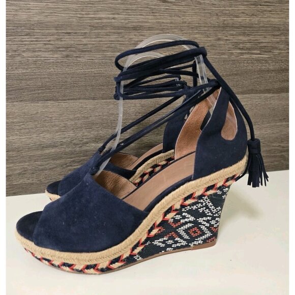 CAbi Isla Wedge Espadrille Sandals Size 7 Navy Blue Multi Tassel Strap - Picture 7 of 7